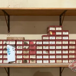 Bolt bins (74 compartment) with contents: 5/16" x 1" up to 3/4" x 6", bolts, washers, nuts