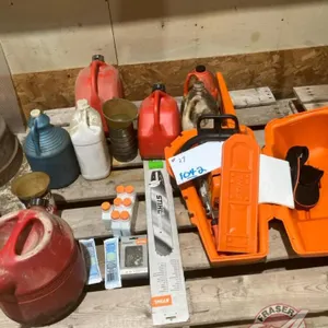 Stihl 260 chain saw and case, 20" blade, files, 16" bar + chain, case of 2 stroke engine oil, 3 gas jugs, chain oil etc "ID TAG #1042