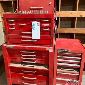 Mastercraft 2 tier tool box, Upper  lower cabinets w/ Ultra Pro side tool box, comes with sockets, drivers, ratchet wrenches 6 pc, caliber, key stock,