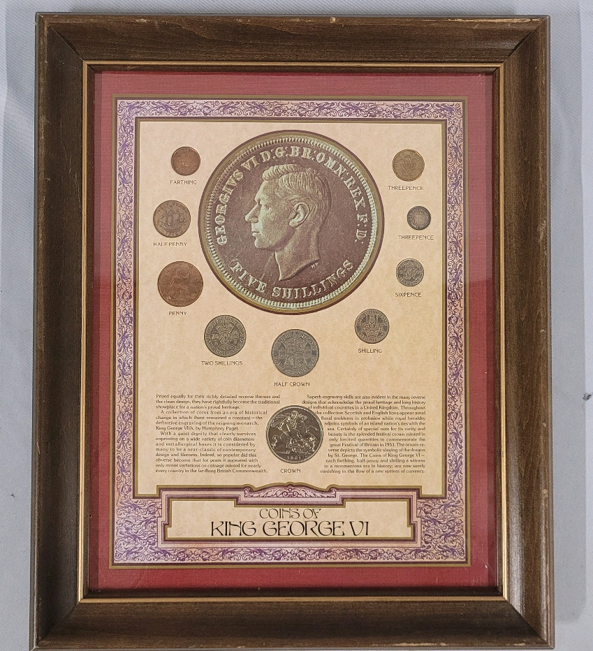 British Coins of King George VI in Frame . Includes 1937 Silver Three Pence Coin