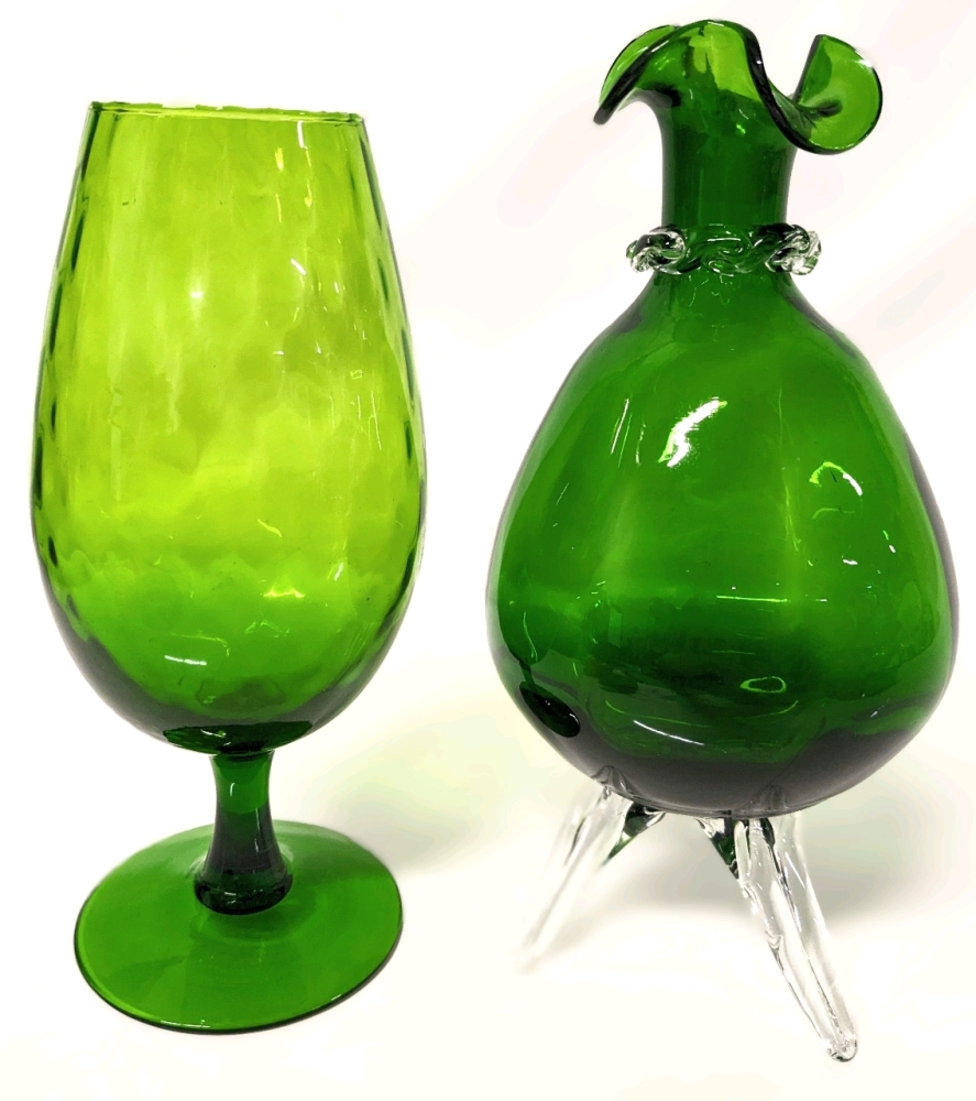 Vintage Mid Century Modern | Footed Vase Hand Blown Contemporary Art Glass 10.5" & Green Art Glass Goblet Vase 9.5" Tall