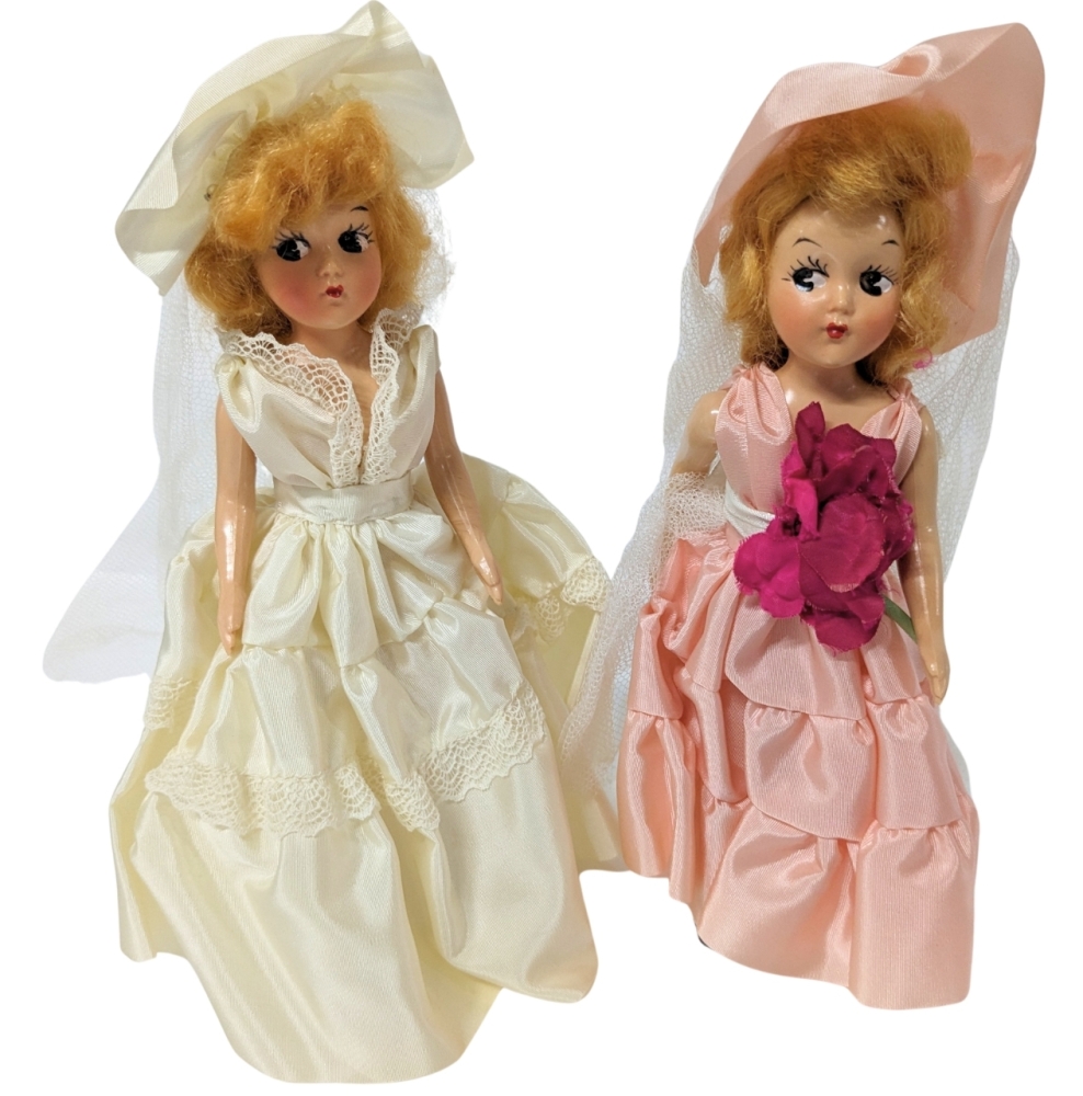 Pair Vintage RELIABLE Canada Jointed Bride & Bridesmaids Dolls | 8" Tall