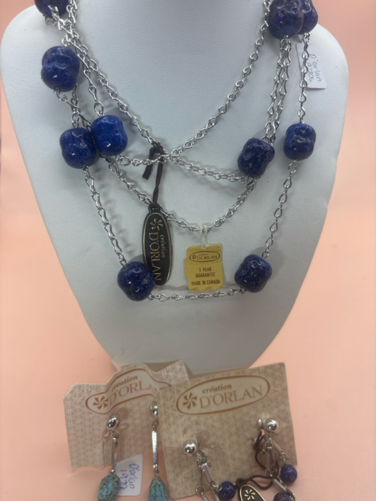 2 Necklaces D’orlan Blue Nuggets Gold flecks and Earrings