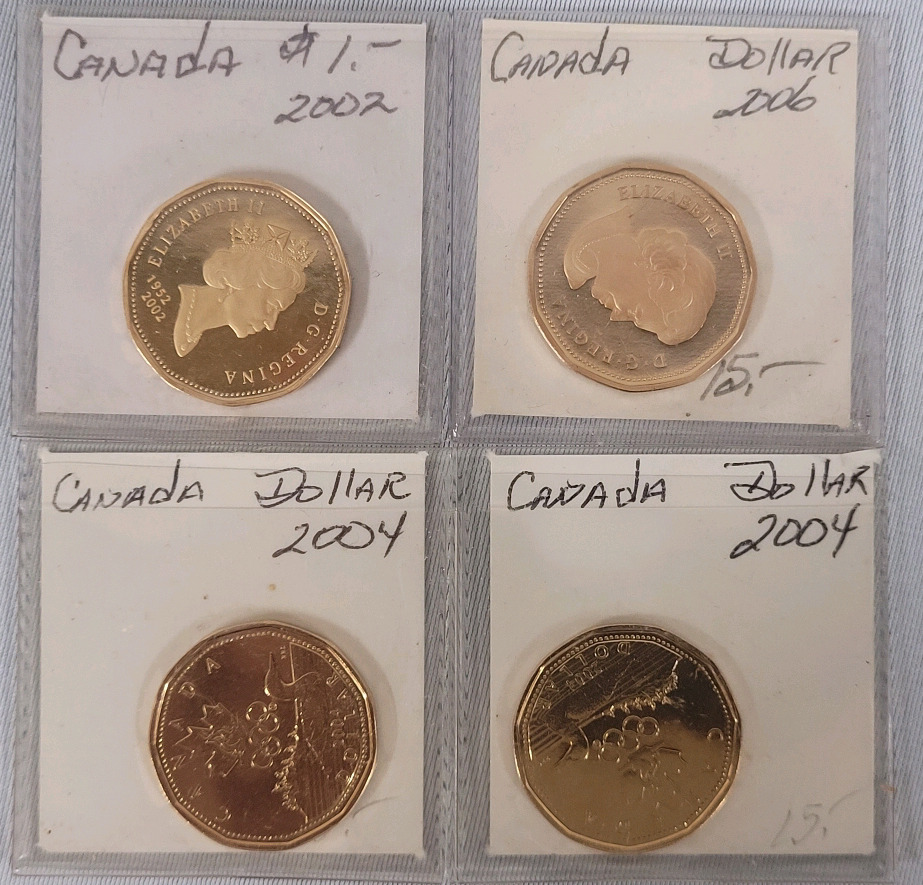 2002 - 2006 Canadian One Dollar Loonie Coins . Four (4) Coins Uncirculated