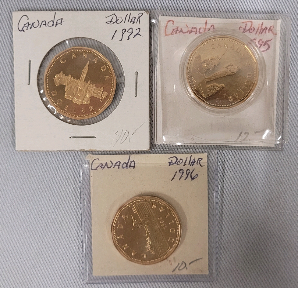 1992 - 1996 Canadian One Dollar Loonie Coins . Three (3) Coins Uncirculated