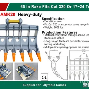 2025 KJ AMK20 65 in Excavator Rake - Fits Cat 320 / 17 - 24 ton (Unused)
