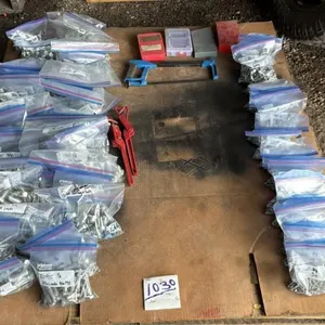 Pallet w/ asst’d bolts, various sizes + lengths (¼” up to ¾”), couple small load binders, (4) drill bit indexes w/ drill bits, hacksaw