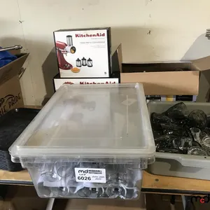 Food Trays, Wine Glasses, Drink Glasses, Shot Glasses, Drink Mat, Fancy Gold Rim Glasses, Kitchen Aid Fresh Prep Slicer, Metal Food Grinder and Misc.