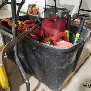 Bin of Jerry Cans, Pry-Bar, Booster Cables & Misc.
 UNRESERVED