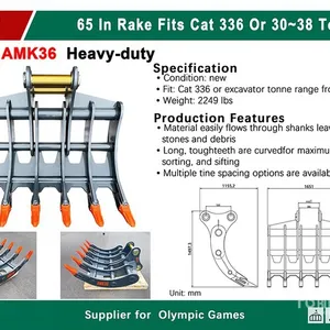 2025 KJ AMK36 65 in Excavator Rake - Fits Cat 336 / 30 - 38 ton (Unused)