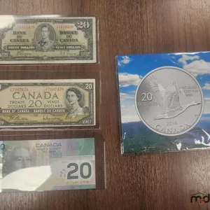 Canada 1937, 1954 & 2004 $20 Banknotes & 2015 $20 Canada Goose .999 Silver Coin 
 UNRESERVED