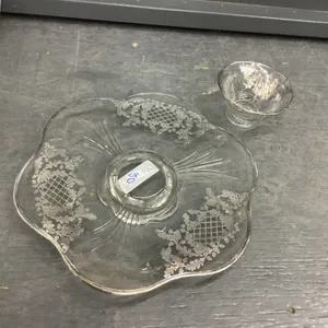 VINTAGE GLASS PLATTER &amp; SMALL BOWL W/ EMBOSSED  SILVER DETAIL
