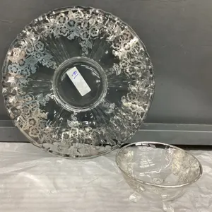 GLASS PLATTER &amp; SMALL BOWL W/ EMBOSSED SILVER DETAIL