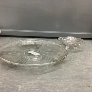 VINTAGE GLASS PLATTER &amp; MATCHING BOWL W/. EMBOSSED SILVER DETAIL