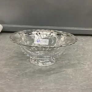 VINTAGE OVAL GLASS BOWL  W/ EMBOSSED SILVER DETAIL