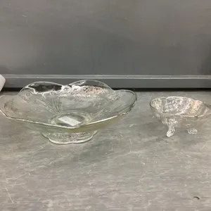 VINTAGE GLASS FLUTED BOWL &amp; SMALLER BOWL W/ EMBOSSED SILVER DETAIL