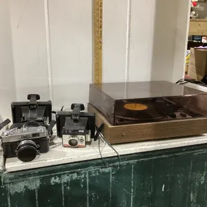 “DUAL” RECORD PLAYER & 3 OLD CAMERAS