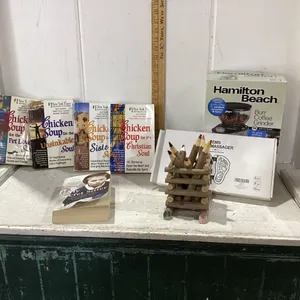 BOX W/ HAMILTON BEACH COFFEE GRINDER, FOOT MASSAGER, BOOKS, WOOD CRAYONS