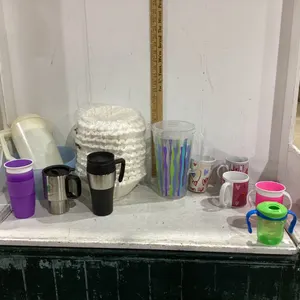 (2) BOXES W/LARGE COFFEE FILTERS, JUICE CONTAINER, MUGS, GO CUPS, PLASTIC GLASSES