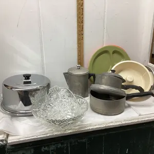 2 BOXES-OLDER POTS, PLASTIC DISHES, VASES, CAKE SAVER, GLASS BOWL