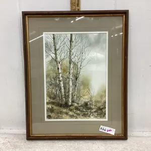 FRAMED PICTURE OF BIRCH TREES BY E. CUMMINS