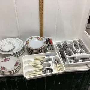 BOX OF MISC DISHES,  CUTLERY & KNIVES
