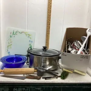 (2) BOXES W/ KITCHEN UTENSILS, BLUE BOWLS, SLOW COOKER, GLASS CUTTING BOARD