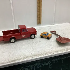 TONKA TRUCK - RED METAL, SMALL METAL TAXI, OLD SHOVEL