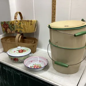 ENAMEL POT, ENAMEL PAIL, FRUIT BASKETS, TIN WARE