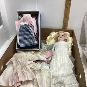 BOX WITH OLD DOLLS AND OLD CLOTHING