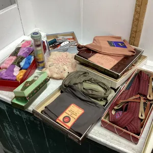OLD EMBROIDERY YARNS, STOCKINGS, PERFUME BOTTLE