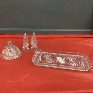 (3) PINWHEEL CRYSTAL PIECES - SMALL BUTTER DISH, PLATTER &amp; GLASS SALT &amp; PEPPER