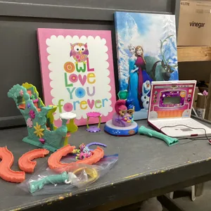 "FROZEN", "OWL LOVE YOU FOREVER" PICTURES ON CANVAS, ...TEACH & TALK LAPTOP, SHIMMER & SHINE TOY, MOVING STAIRS TOY