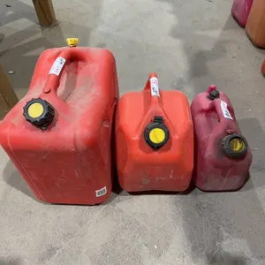 Three assorted poly Jerry cans