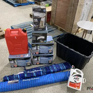 (3) Boxes Stone Seal, (2) Beach Umbrellas, Security Light, Steam Iron, Jerry Can and Bin
 UNRESERVED
