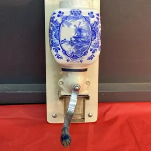 ANTIQUE COFFEE GRINDER W/ PORCELAIN BEAN HOLDER ON WOOD BASE