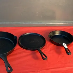 (3) CAST IRON FRY PANS - MASTERCHEF & GSW, ONE IS UNMARKED