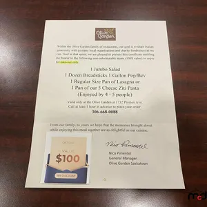 Olive Garden Italian Kitchen Gift Certificate for Take-Out Only Value $100
 UNRESERVED