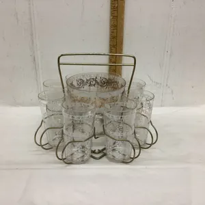 VINTAGE GLASS  BAR SET - ON METAL STAND