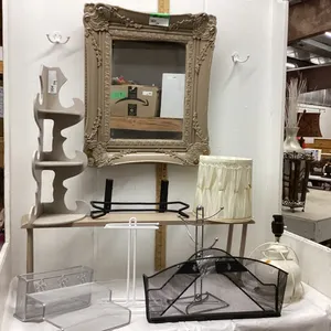 4 PIECES - MIROR, 2 SMALL WOOD SHELFS, LAMP, MISC ORGANIZERS