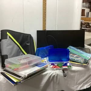 BOX OF OFFICE SUPPLIES - ACER MONITOR, BINDERS, PENCIL CASE W/HIGHLIGHTERS,