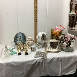 (2) BOXES W/ DECOR ITEMS - BELLS, CHERUBS, CANDLESTICKS HOLDERS, GLASS FOWER ORNAMENT, ETC