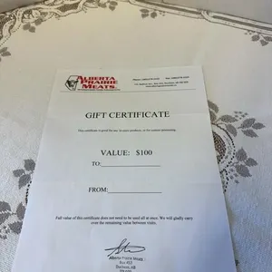 $100 gift certificate to Alberta Prairie meats in Duchess