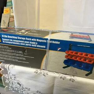 16 bin bench top storage rack with magnetic tool holder