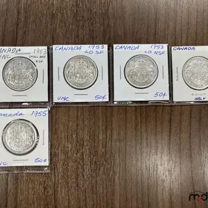 1953 SD NSF, 1953 LD SF, 1953 LD NSF, 1954 &1955 Canada Silver 50 Cent Coins
 UNRESERVED