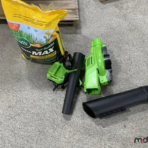 Greenworks Blower (Missing Pieces, No Battery) and a Partial Bag of Fertilizer
 UNRESERVED