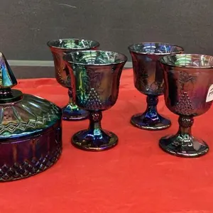 IRREDESCENT CARNIVAL GLASS LIDDED CANDY BOWL & (4) GOBLETS