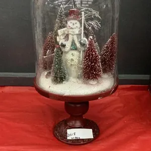 HOLIDAY CLOCHE - SNOWMAN UNDER GLASS ON METAL PEDESTAL BASE
