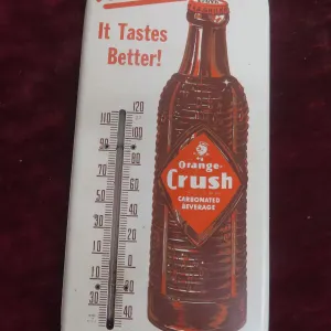 Orange Crush Metal Tin Thermometer W/ Beehive Bottle w/ Crushy, C. 1940s–1950s, 6" x 15"