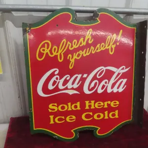 Coca-Cola “Refresh Yourself Sold Here Ice Cold” Two-Sided Porcelain Flange Sign, C. 1930s, 17" x